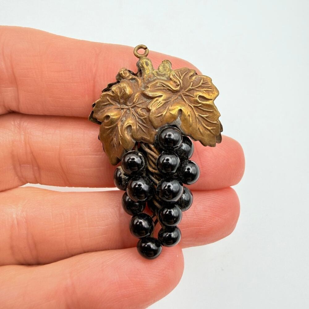 Antique Art Nouveau 3D Black Glass Grape Cluster 10K Gold Filled Leaf Pendant